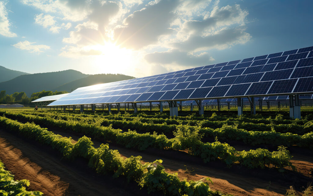 Solar panels installed above rows of green crops on farmland, with mountains and sun in background.